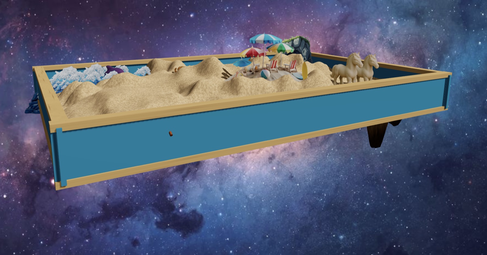 Online sand tray therapy tools allow clients to build creative scenes like this beach setting with water, miniatures, and natural elements